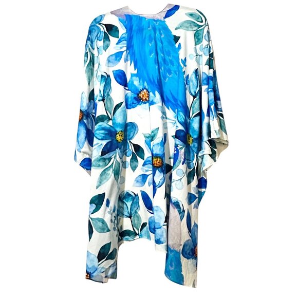 BEAUTIFUL Blue Peacock & Magnolia Print Kimono Wrap, One Size, 100% Cotton - Picture 2 of 9